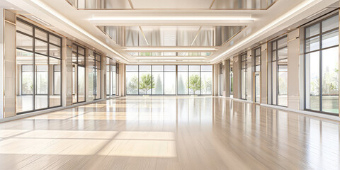 Empty Interior of dance or fitness studio hall with mirrors, windows. Copy space mockup background.