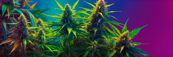 Vivid close-up image of flowering cannabis plant buds with a colorful gradient background