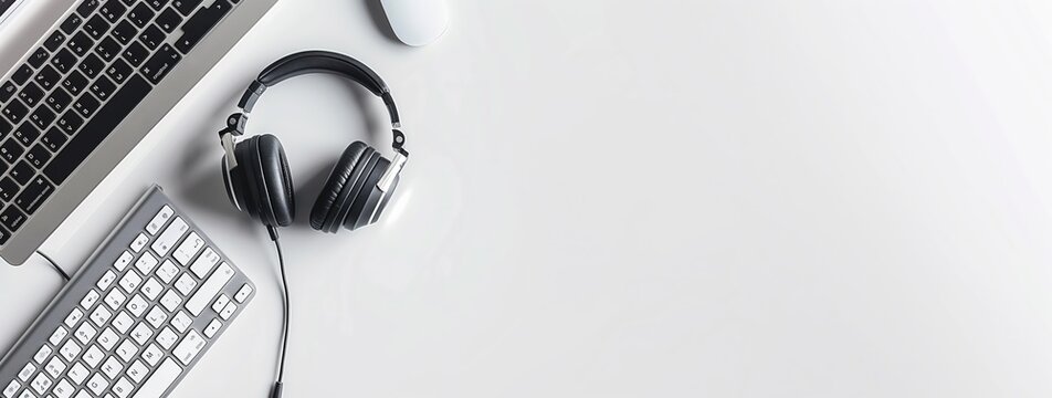 A modern workspace features a computer keyboard, mouse, and headphones on a white desk, reflecting an organized, minimalist, professional, and clean design for a productive work environment