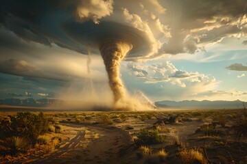 Tornado over a desert landscape with dramatic clouds. Natural disaster, cataclysm concept. Cyclone, hurricane, storm. Climate change. Design for banner, wallpaper