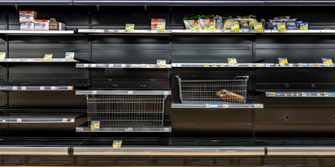 Empty shelves in grocery store. Supermarket with empty shelves, nobody. Bankruptcy, store closure, supply disruption.