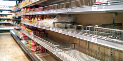 Obraz premium Empty shelves in grocery store. Supermarket with empty shelves, nobody. Bankruptcy, store closure, supply disruption.