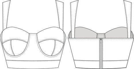 underwired shoulder straps strapped strappy sleeveless  square neck crop cropped denim jean bustier blouse top template technical drawing flat sketch cad mockup fashion woman design style model
