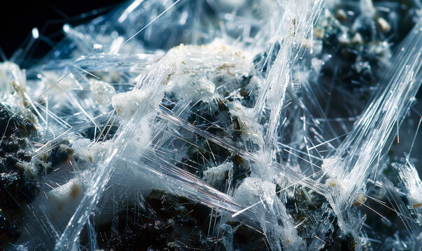 Close-Up of Asbestos Chrysotile Fibers Under Microscope Showing Detailed Structure and Composition, Hazardous Material Study, Industrial and Environmental Safety Analysis
