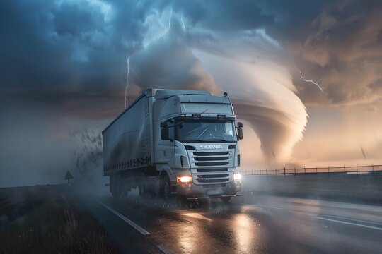 Truck driving on highway with tornado in the background. Natural disaster, cataclysm concept. Cyclone, hurricane, storm. Climate change. Design for banner, wallpaper
