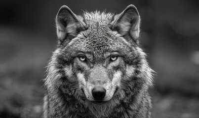 Fototapeta premium Intense Closeup of Angry Wolf in Greyscale with Blurred Background Expressing Fierce Emotion in Natural Wildlife Setting