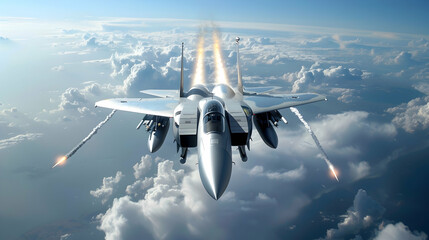 A modern fighter jet with afterburners and missile trails flying high above the clouds in the sky
