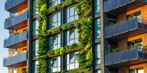 Modern sustainable building with solar panels, vertical garden with green plants.