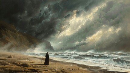 Lonely Figure On A Stormy Beach