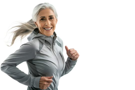Senior woman running in sport wear. Active sports, maintaining healthy lifestyle. An elderly person moves towards longevity and well-being. Isolated on transparent background