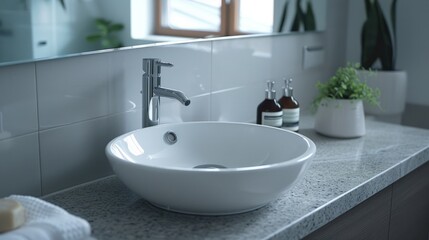 Round white ceramic sink on granite wall countertop. generative ai