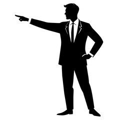  a high-resolution vector art illustration of a business man's silhouette pointing in a specific direction with his hand. The silhouette should be in black color against a white background.