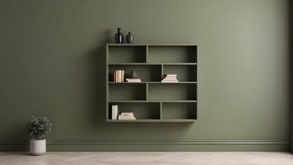 empty space with wall bookcase on olive green wall color background