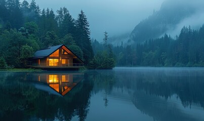 Fototapeta premium Illuminated Wooden house in the forest on a calm reflecting lake with the foggy mountains in the background at dusk