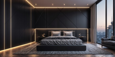 modern bedroom with black walls, grey bedding, and a large window.