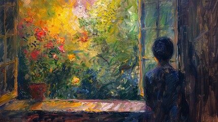 Man Looking Out The Window At A Colorful Garden