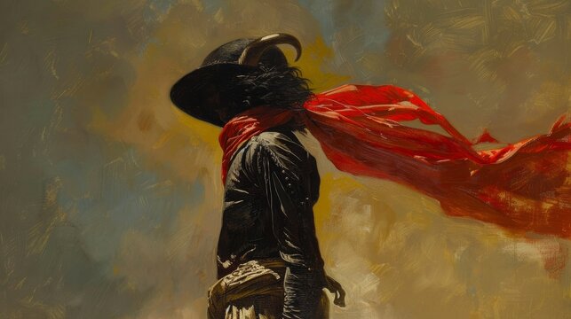 Man in a hat with horns and red scarf for fantasy or horror themed designs