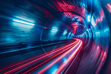 Discover a high-tech tunnel featuring vibrant neon colors and glowing data streams. Immerse in the fast-moving data and intricate digital pathways that define this futuristic dark-themed environment