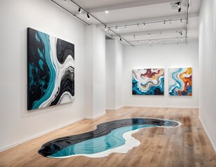 art gallery with a long wooden floor. On the wall, there are three abstract paintings, one larger than the others, and a large, long, and thin painting that resembles a river flowing on the floor.