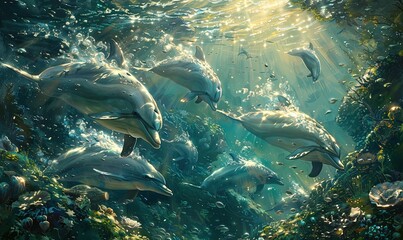 Divine groups of underwater fish swim in the waterscape