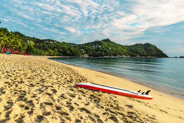 board with sup surf paddle is lying on sandy beach, without people. Rental of equipment for...