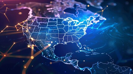 Abstract digital map of America, concept of American global network and connectivity.