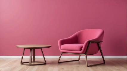 chair and wood side table against empty Raspberry color wall background