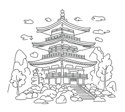 Kiyomizu-dera in Japan. Vector linear illustration on white background, sketch