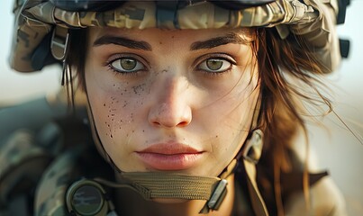 a female soldier on the battlefield close-up.