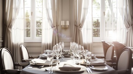 Cozy and warm atmosphere in the dining room with natural light coming through the curtains generative ai