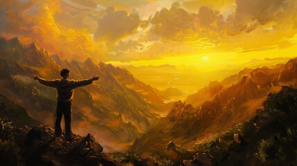 Man standing on mountain top with outstretched arms at sunset