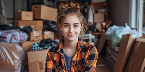 Fototapeta premium A teenager collects donations for charity to help low-income families and restore order.