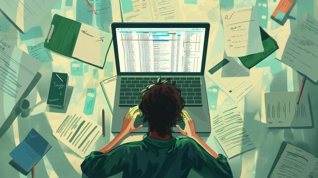 Man working on a laptop with a messy desk