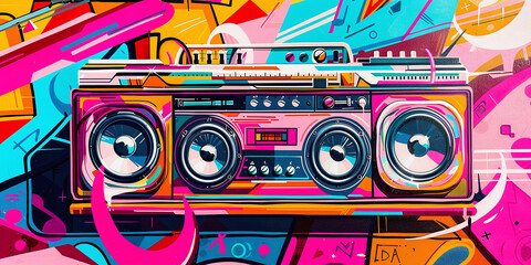 Immerse in vibrant street art featuring an audio recorder amidst dynamic pop art elements, showcasing a fusion of urban creativity, bold colors, and retro aesthetics