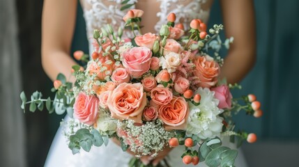 A bride holding a beautifully arranged bridal bouquet with a variety of pastel-colored flowers including roses, eucalyptus leaves, and baby's breath - Powered by Adobe