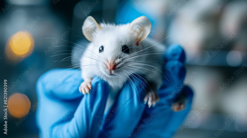 Wall mural Lab mouse held by scientist in blue glove - A white lab mouse is gently gripped by a scientist wearing a blue glove, representing research and science