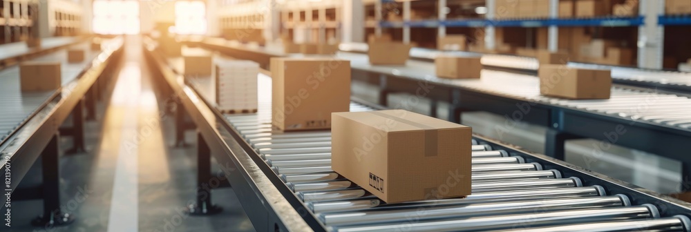Poster an automated logistics warehouse is equipped with conveyor belts and cardboard boxes for efficient e
