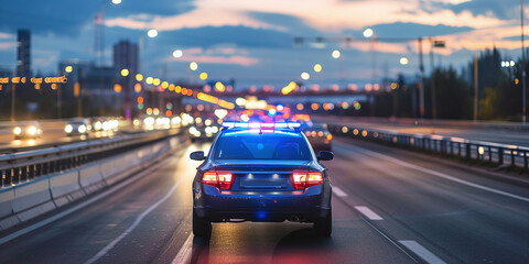 A traffic police car halts vehicles on the highway for inspection, highlighting the concept of highway inspection and traffic stops for safety and regulation enforcement