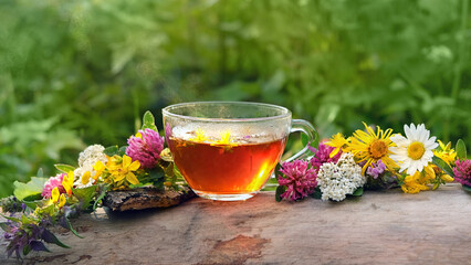 glass transparent cup of herbal tea and wild flowers on tree trunk, blurred natural background....