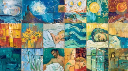 Fototapeta premium Modern abstract painting depicting a dreamlike scene with figures, night sky, and ocean waves for art, home decor, and interior design