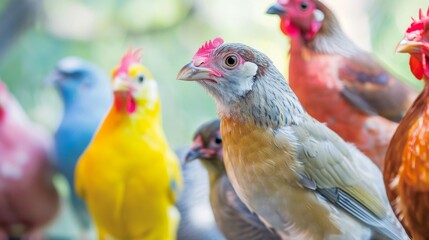 Fototapeta premium Group of colorful chickens and birds - An image showcasing various chickens and other birds with colorful feathers in a vibrant outdoor setting