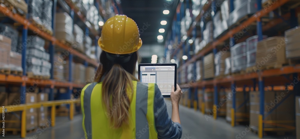 Poster A female warehouse worker is utilizing a digital tablet for efficient inventory management in a modern warehouse setting. She is seen wearing safety gear like a hard hat and safety vest