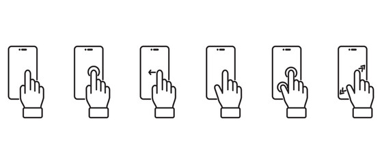 Finger touch Smartphone gesture icon, Different variations of holding a modern smartphone. Linear collection icon, tapping the screen with a hand. Vector illustration in transparen background.
