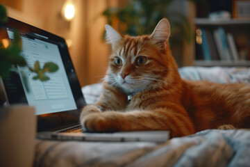 An orange focused cat sits in foront of a computer and reads something, cute pet memes for fun, funny internet content, copy space