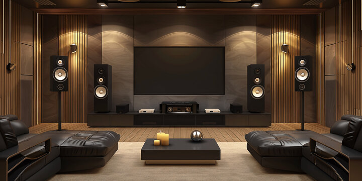 Imagining a sophisticated living room sound system seamlessly integrating high-quality audio with luxurious decor, epitomizing the concept of home entertainment redefined