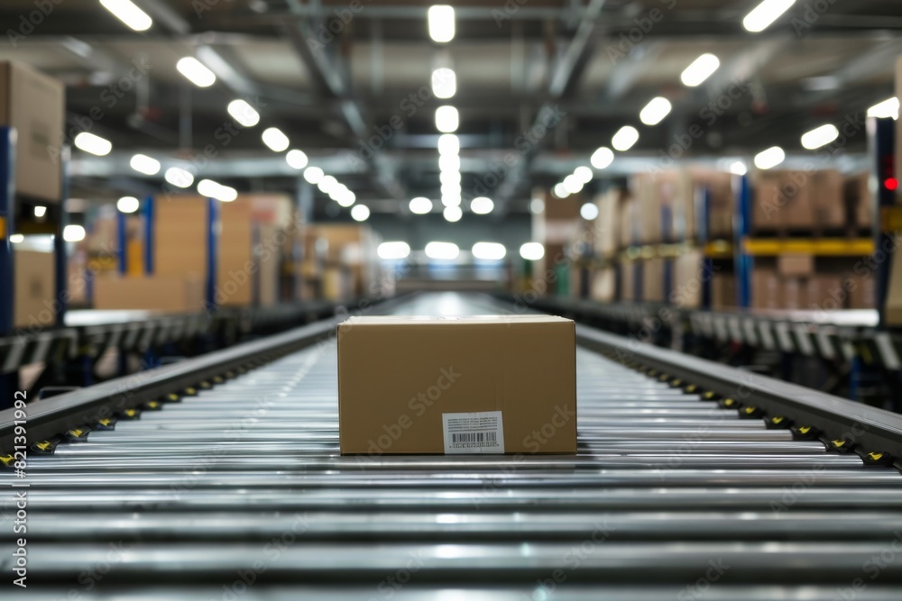 Poster in a massive warehouse, a cardboard box glides swiftly on a conveyor belt, showcasing toptier supply