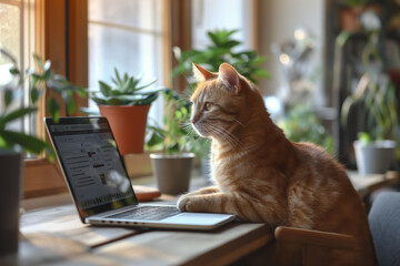 A ginger tabby cat sits at a laptop on a wooden desk in a cozy, plant filled room, staring at the...