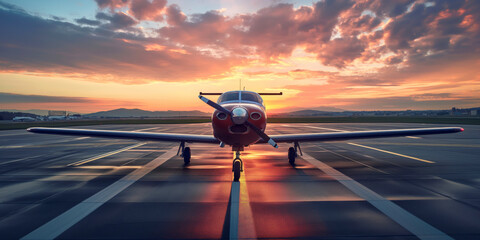 Private Propeller Airplane Parked on Runway During Stunning Sunset at The Airport