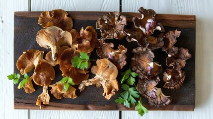   A wooden cutting board filled with an array of mushroom varieties rests atop a white wooden table, accompanied by parsley - Powered by Adobe