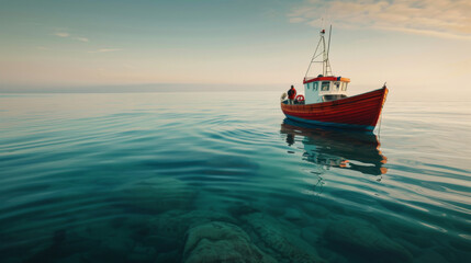 Red fishing boat on a calm sea with clear sky and visible underwater rocks. A man on a fishing boat.